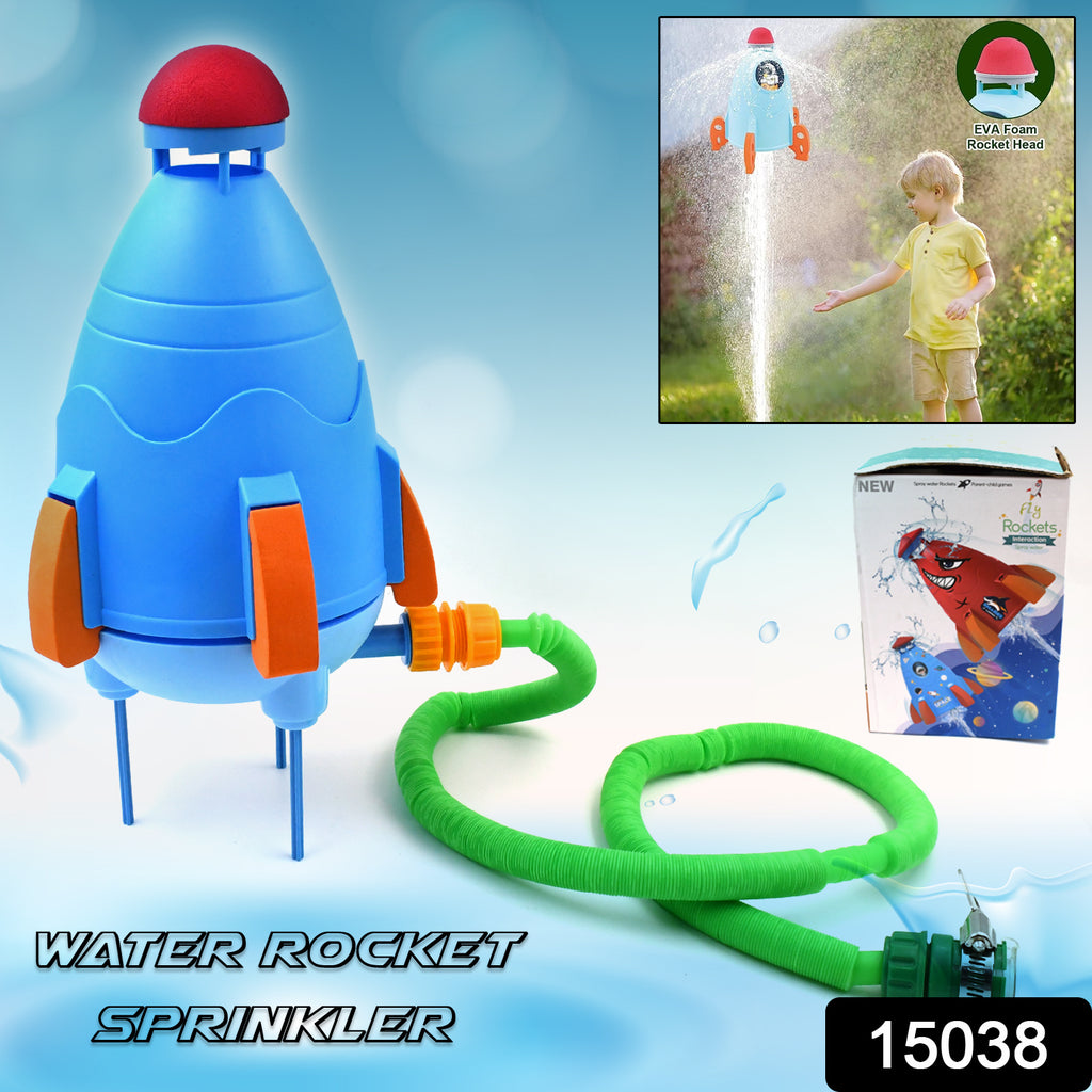 Sprinkler rocket launcher summer toy spraying water high, with a child playing