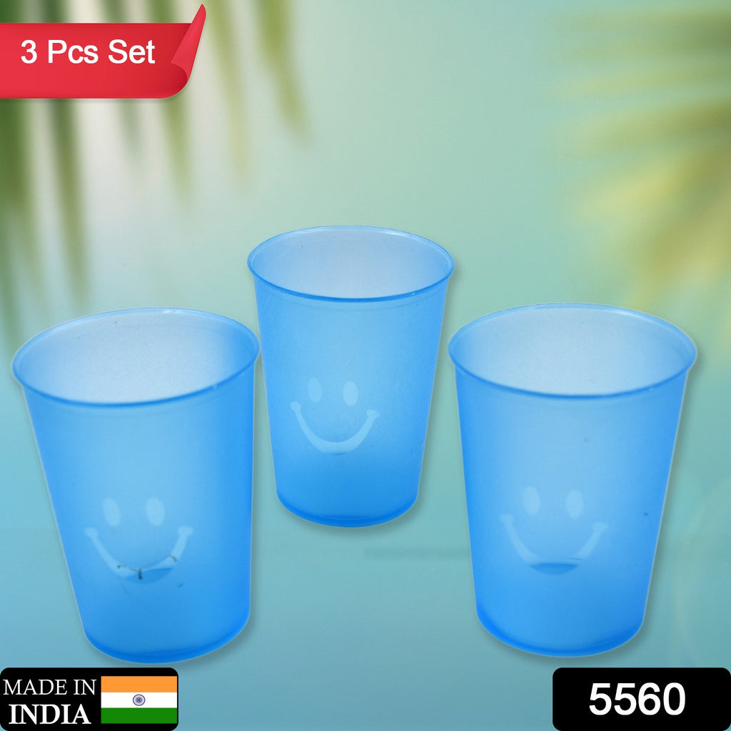Set of 3 transparent plastic tumblers, lightweight, reusable, and dishwasher safe for beverages.