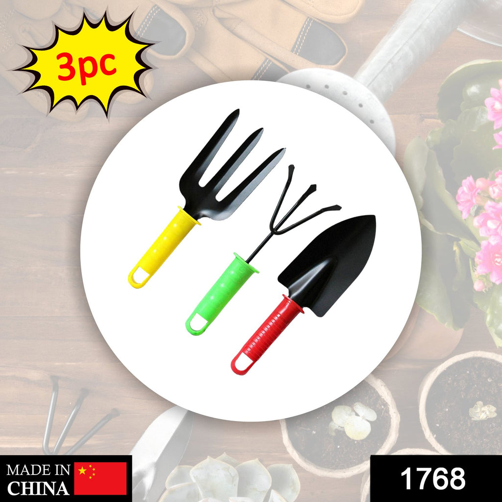 Colorful 3-piece garden tool set: hand trowel, transplanter, and cultivator for gardening tasks.