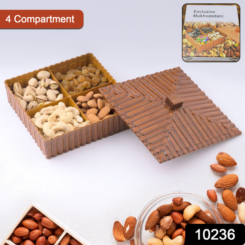Clear plastic multipurpose box for dry fruits, chocolates, & snacks, with organized compartments.
