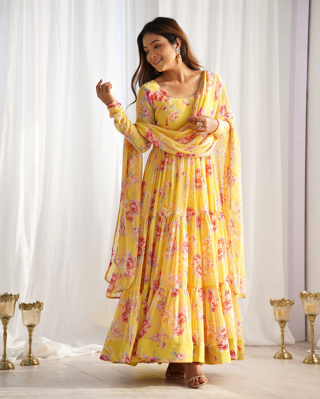Woman in yellow floral printed Anarkali set
