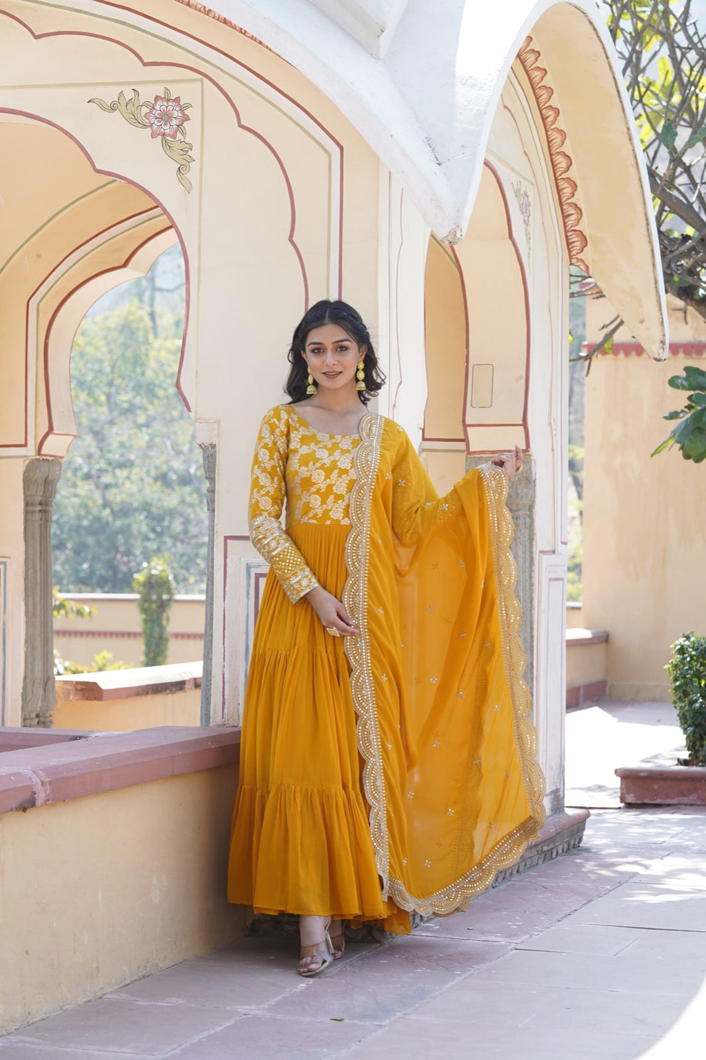 Yellow faux blooming sequin gown with matching duppatta