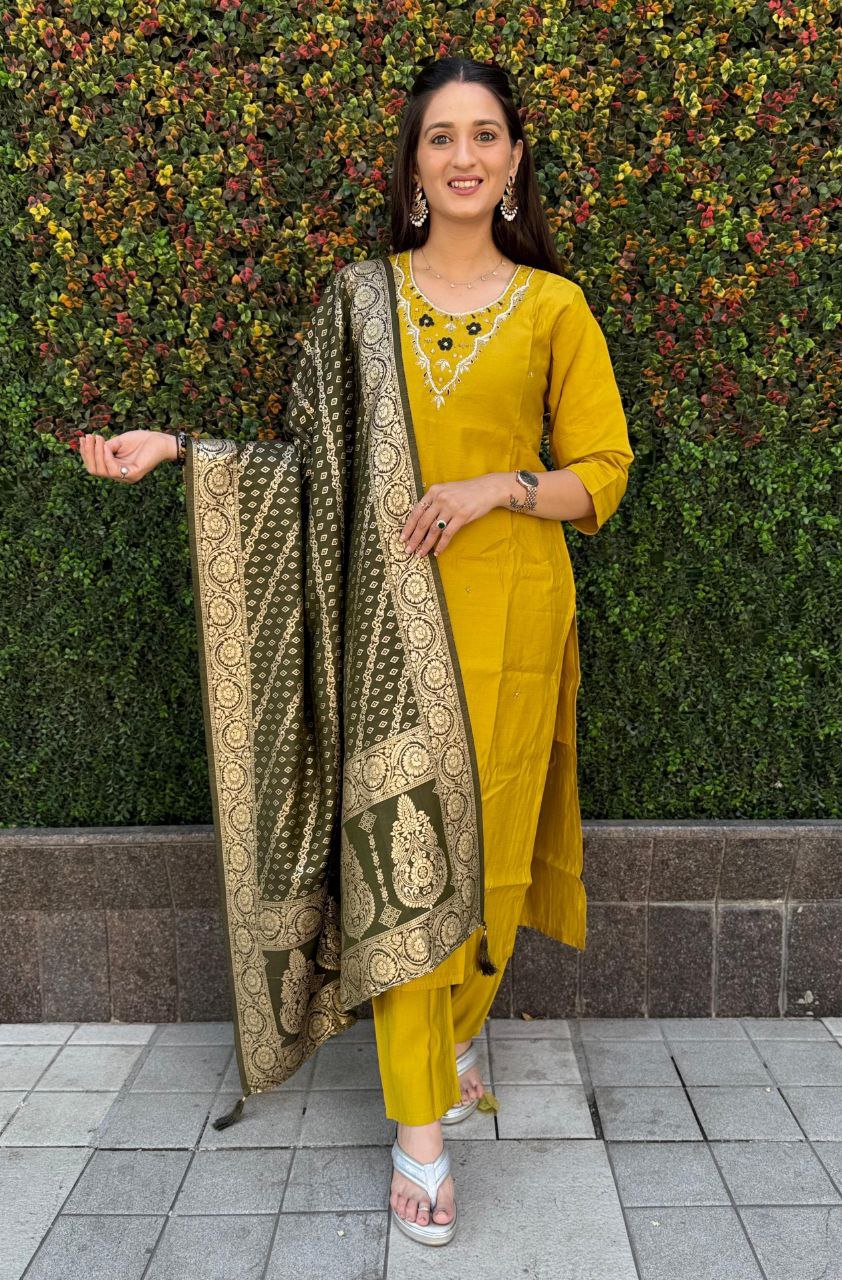 Yellow Fully Hand Work Roman Silk Kurti With Pant & Dupatta Set