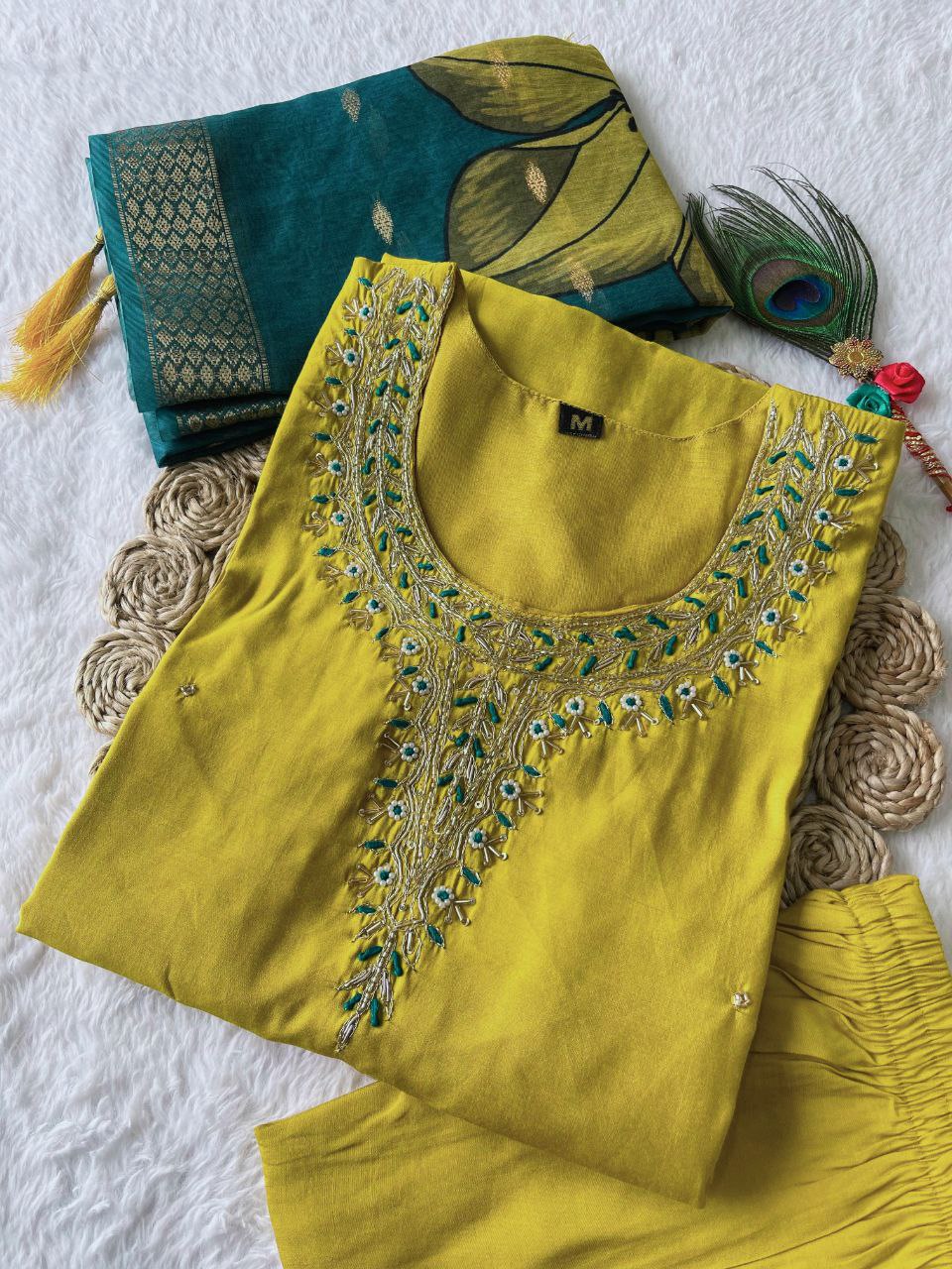 Yellow Handwork Kurti Pant Dupatta Set for women
