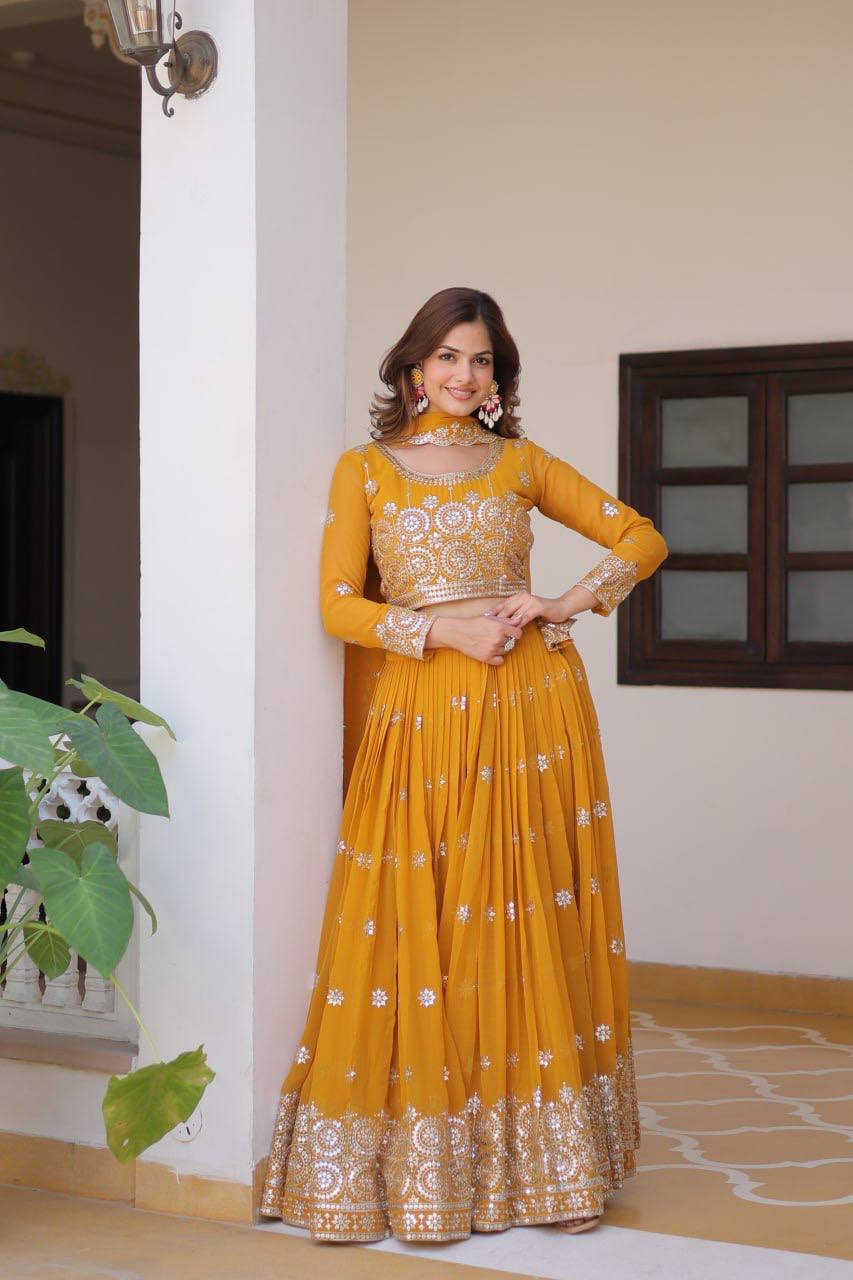 Yellow Heavy Fox Georgette For Wedding Lehenga Choli