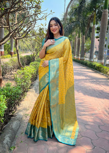 Yellow Kanchipuram Tissue Silk Zari Woven Saree | TRENDBUY