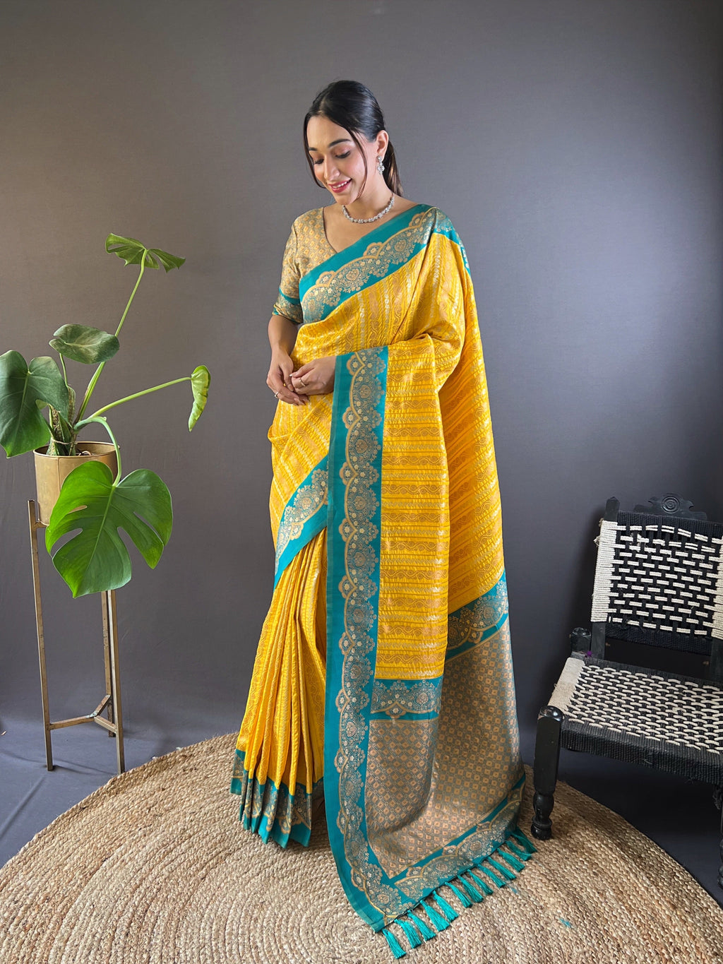 Beautiful yellow zari woven partywear saree