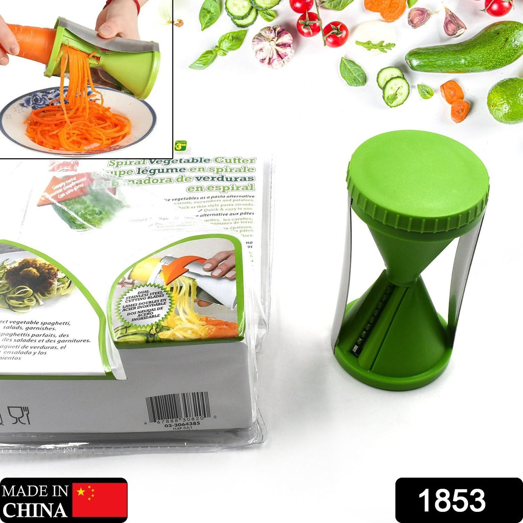 Portable handheld spiralizer slicing a carrot into spirals for salads, with stainless steel blades.