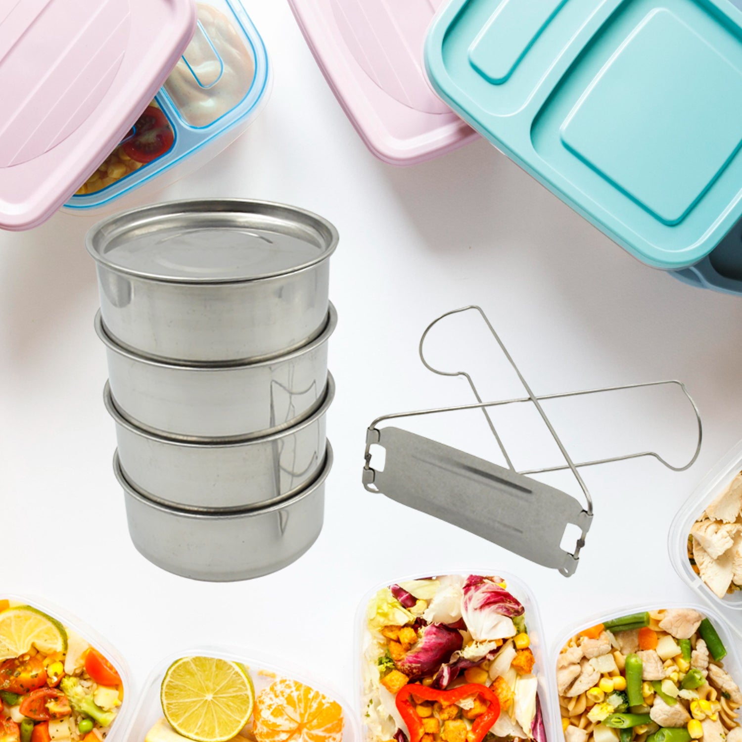 2364 Double Wall Insulated Stainless Steel Tiffin 4 Compartment Lunch Box With Handle Stackable Stainless Steel Lunch Box Bpa Free Leakproofdabba For Office Home Shool Hot Outer Plastic Tiffin Box Set (1 Pc 4 Compartment)