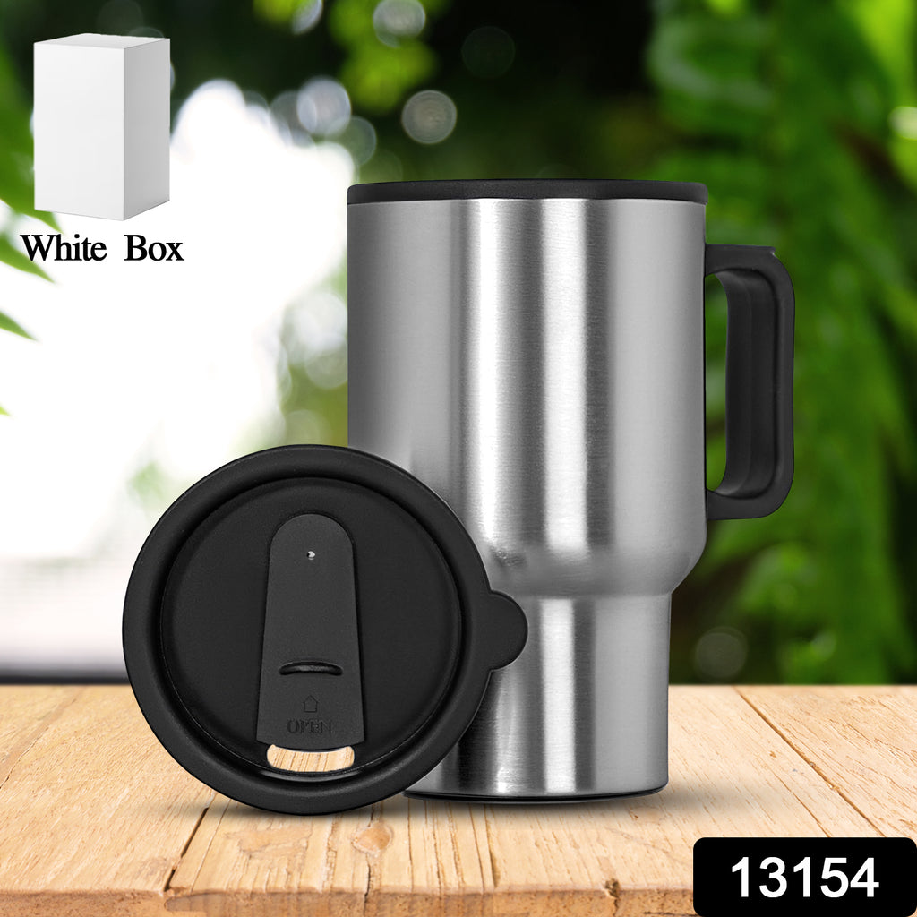 Stainless steel vacuum insulated coffee cup with handle and clear lid, ideal for hot drinks.