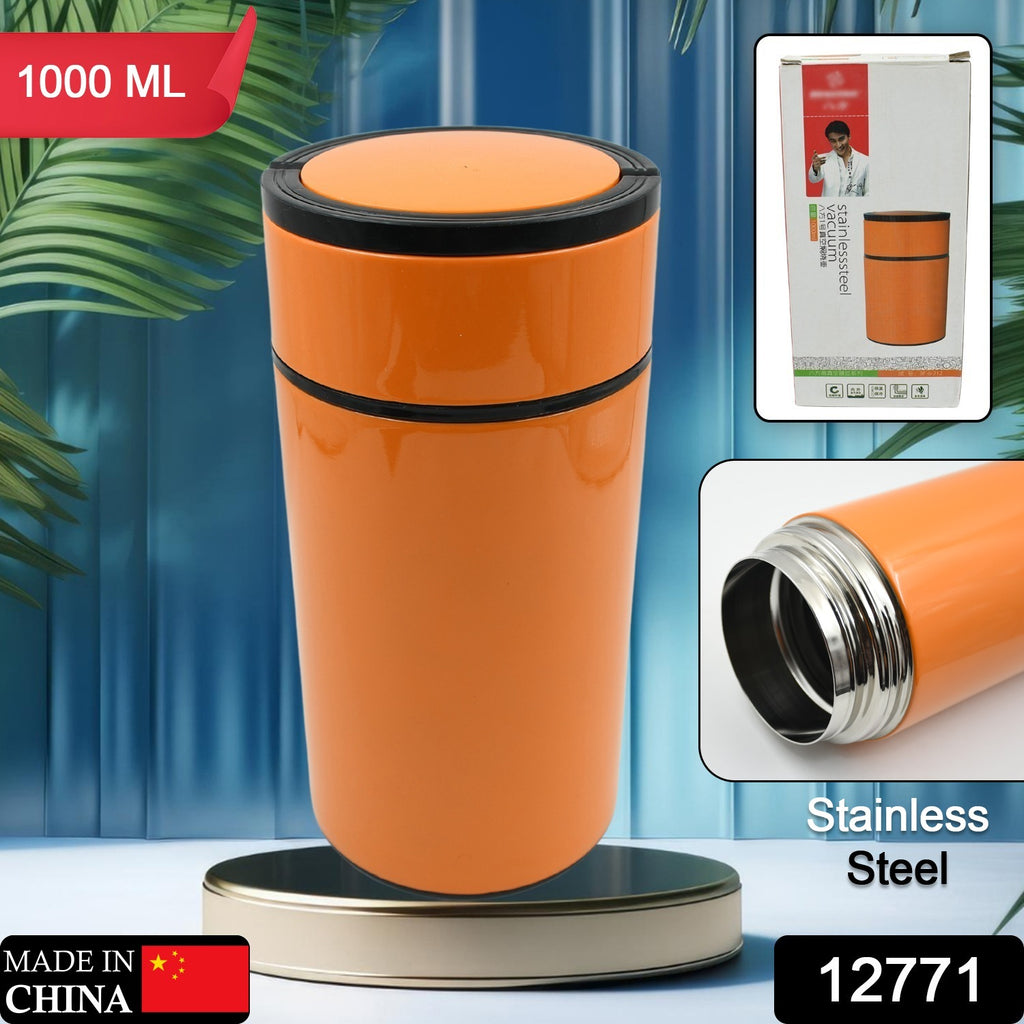 1000ml stainless steel water bottle with foldable spoon handle, ideal for gym, office, school & hot/cold drinks.