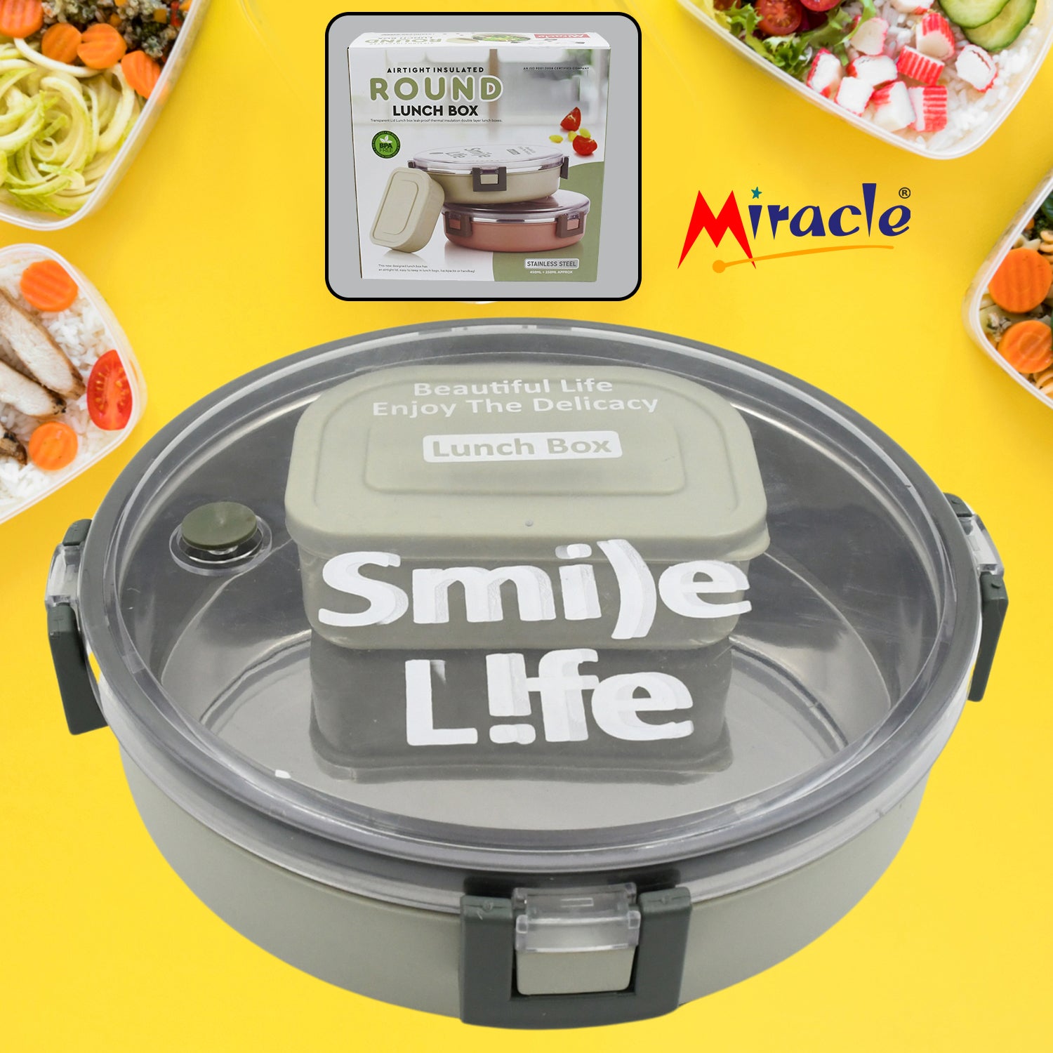 5584 Miracle Stainless Steel Round Lunch Box With Small Plastic Box Insert Leak Proof Lunch Box With Transparent Lid Lunch Box For Kids Adults For School Office (450 Ml + 250 Ml Approx)