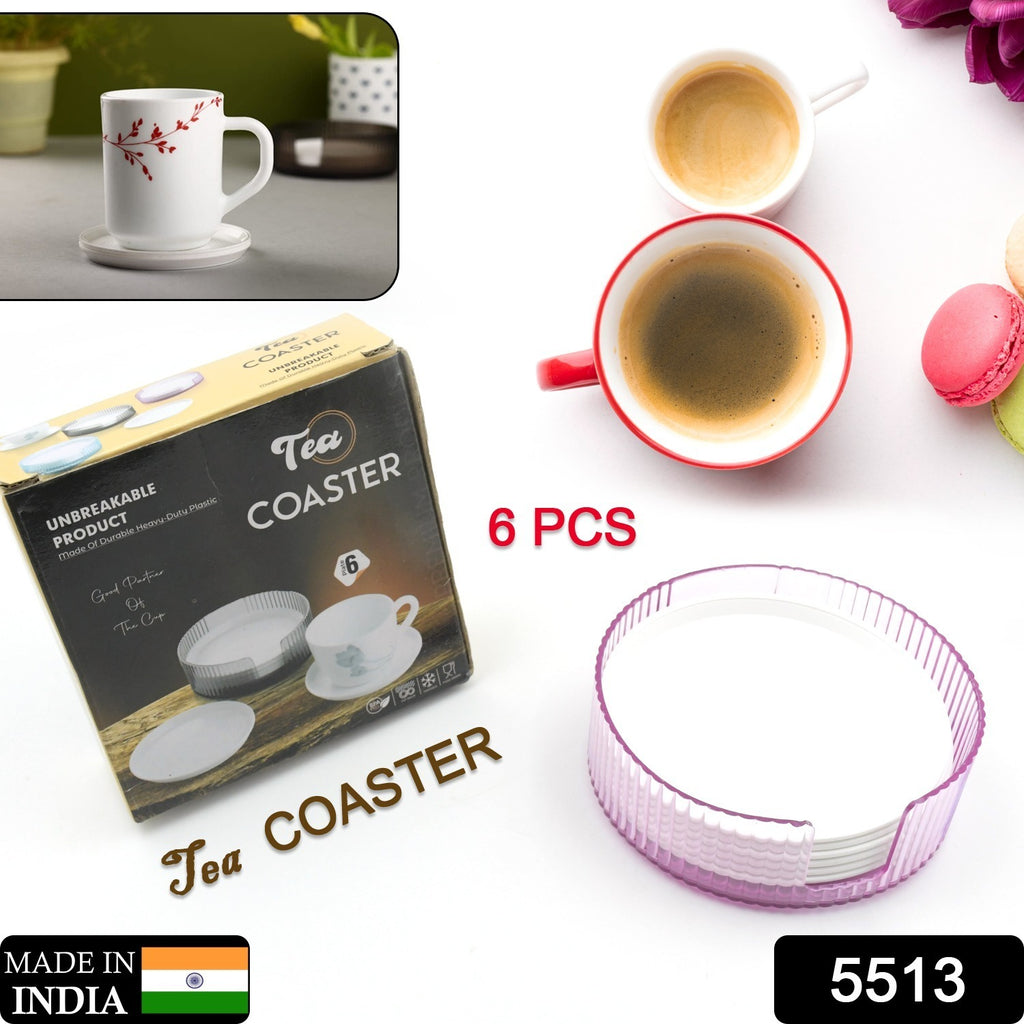 Set of 6 durable, non-slip plastic coasters for spill protection on table desks for various drinkware.
