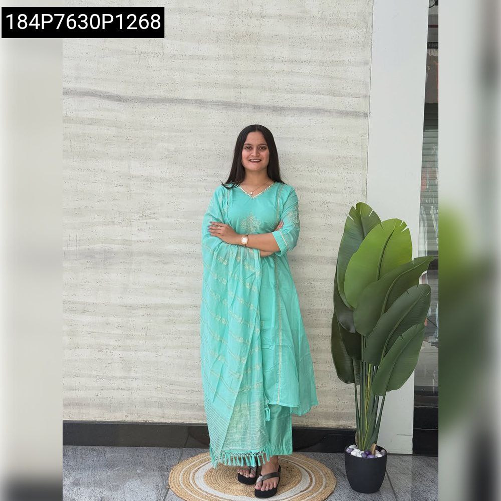 Full body model shot of a woman in aqua A-Line Anarkali Mul Chanderi kurti set, front pose, hands crossed