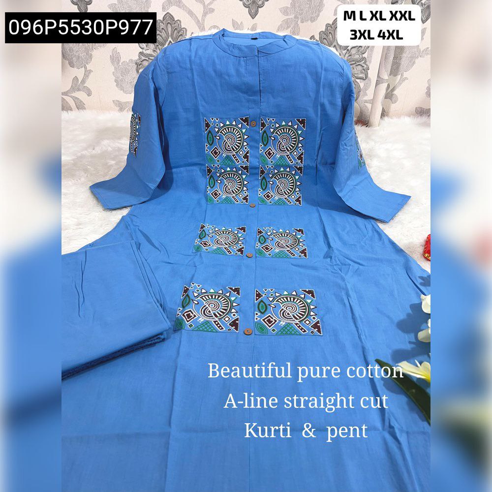 Sky Blue A-Line Cotton Kurti with geometric embroidery and matching pant set, flat lay