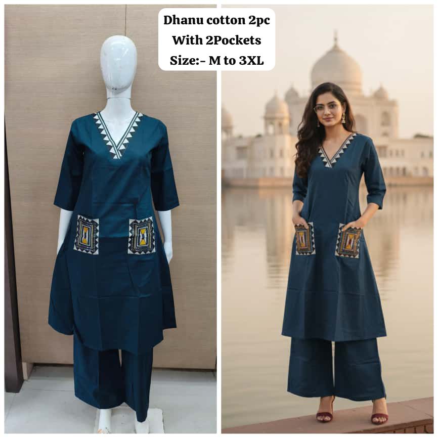 Dark Teal A-Line Dhabu Cotton Kurti Set with Embroidery and Pockets