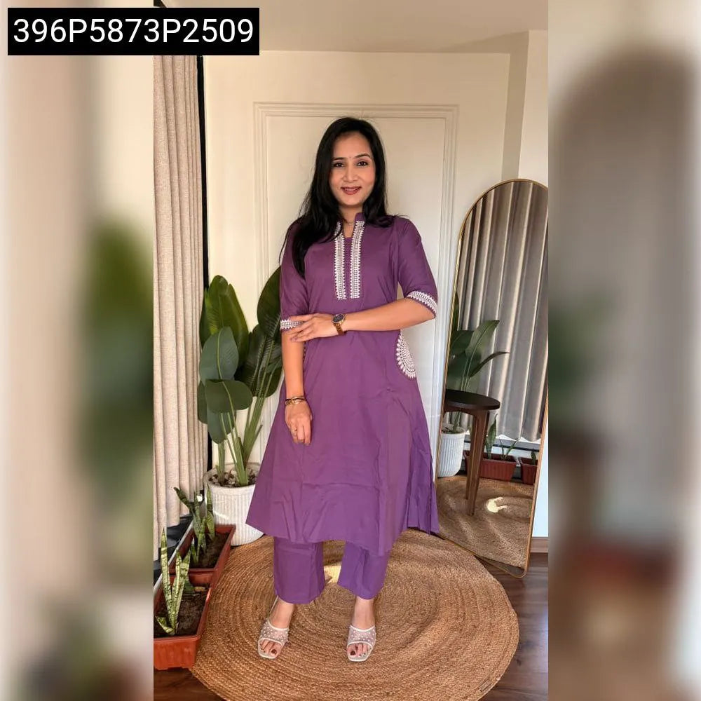 TRENDBUY A-line Dhabu Cotton Kurti in Purple with embroidered neck and pocket, full body view.