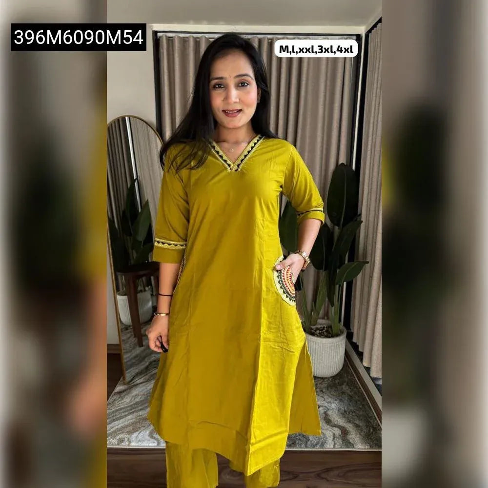 TRENDBUY A-Line Dhabu Kurti with Pant Set in Olive Green, front view