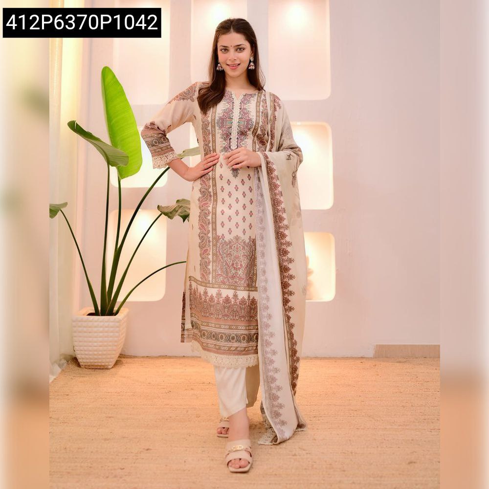 Full body model view of A-line kurti set in cream with digital print and lace details