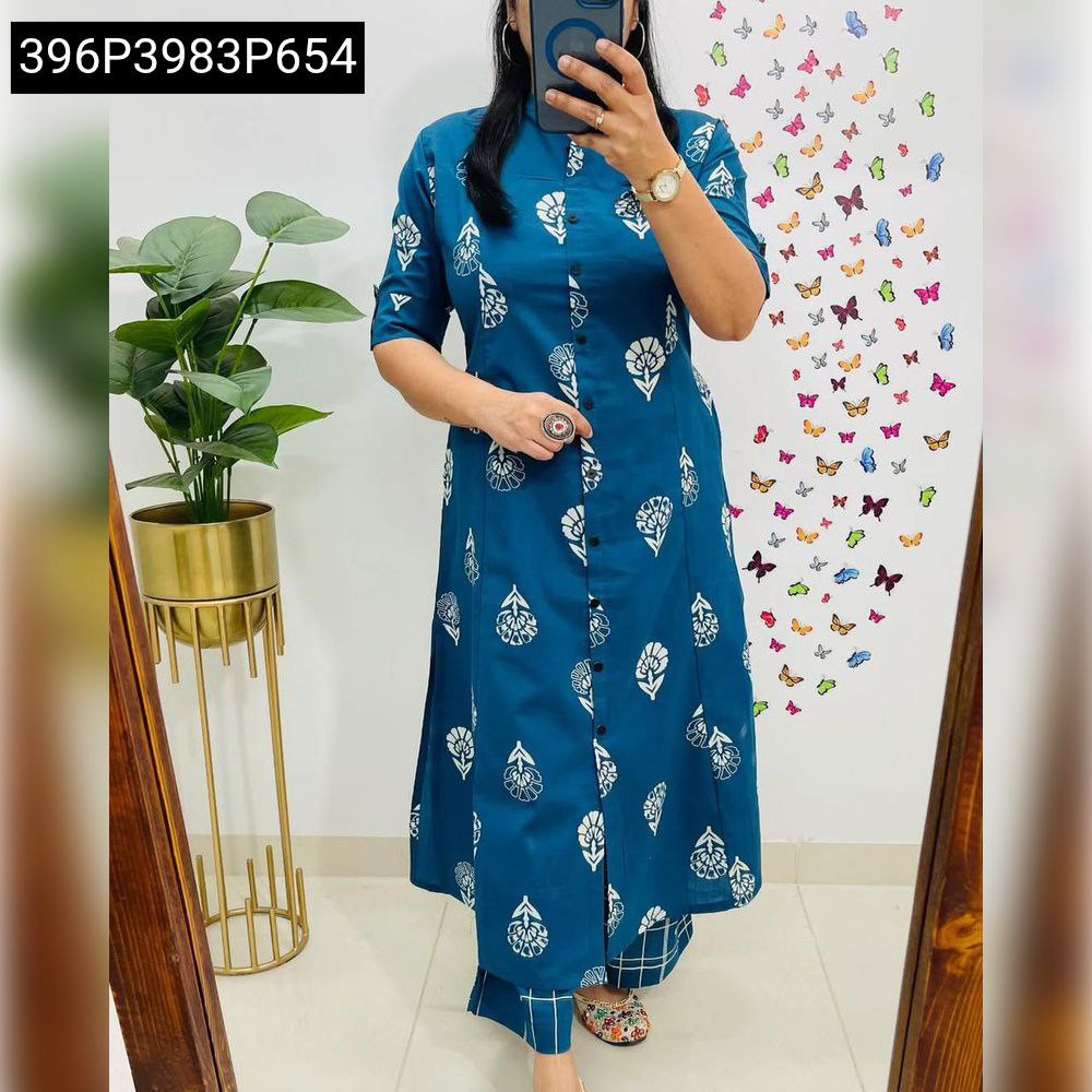 Women's A-line digital print kurti pant set in teal blue, full view.
