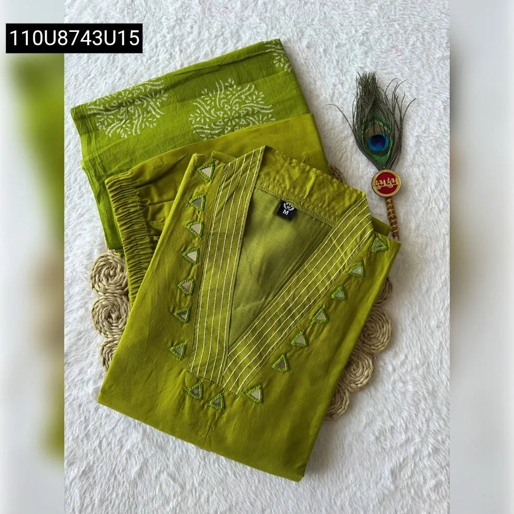 TRENDBUY Parrot Green A-Line Cotton Kurti Pant Dupatta Set with Embroidery and Mirror Work, flat lay