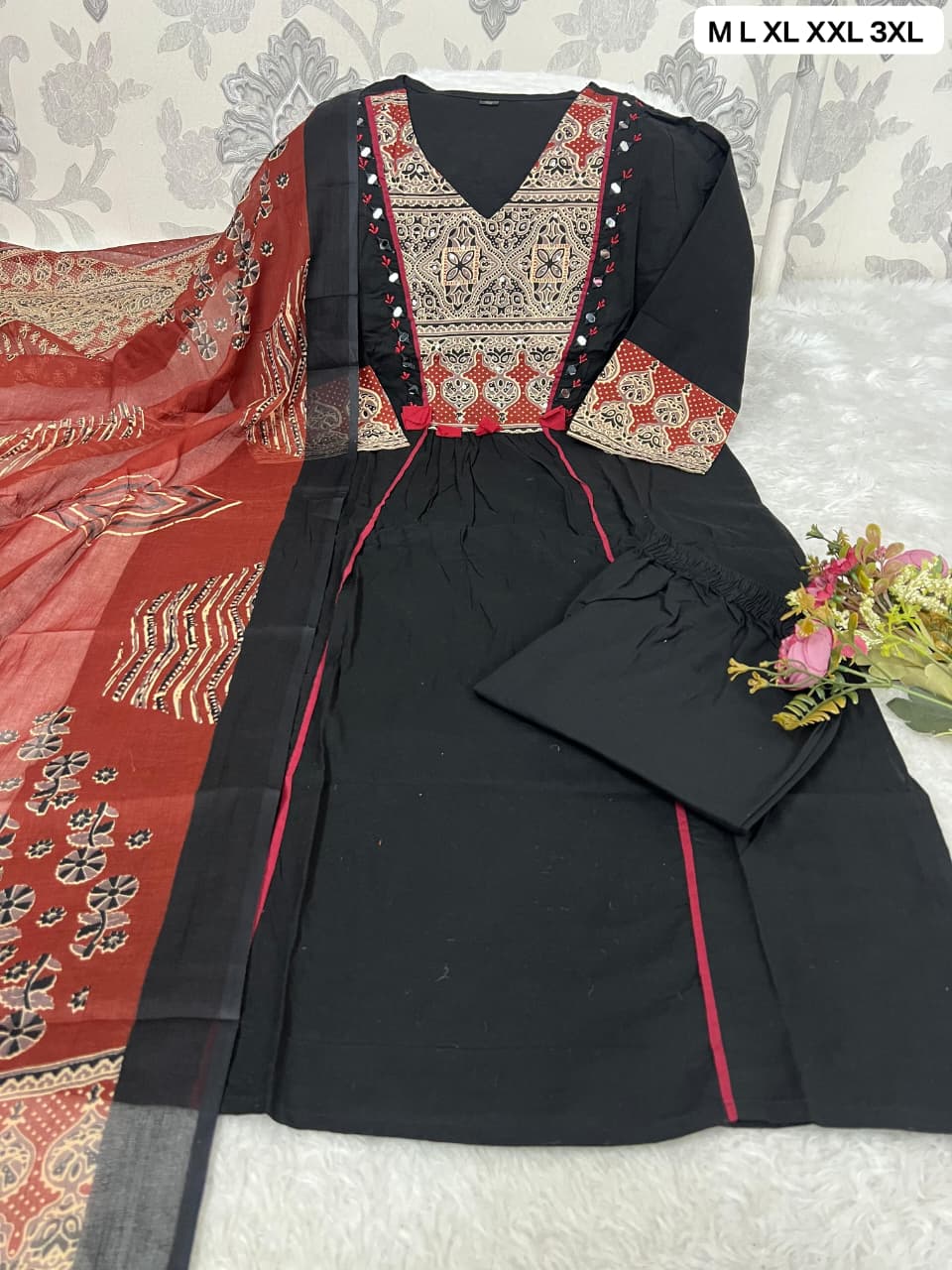 Jet Black Cotton A-line Flaired Kurta Set with Adda work and red print dupatta, TRENDBUY