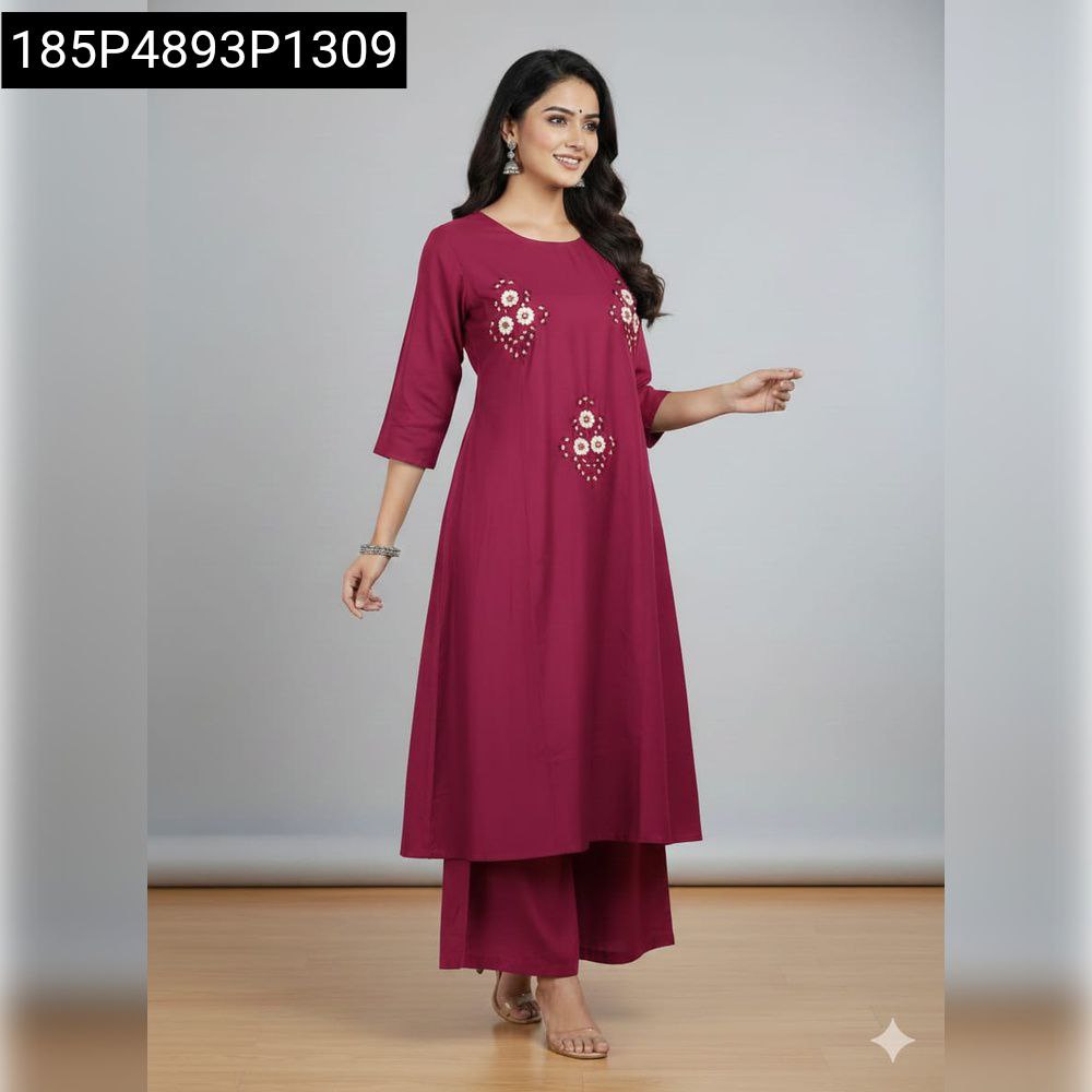 Model in Maroon A-Line Handwork Kurta Palazzo Set