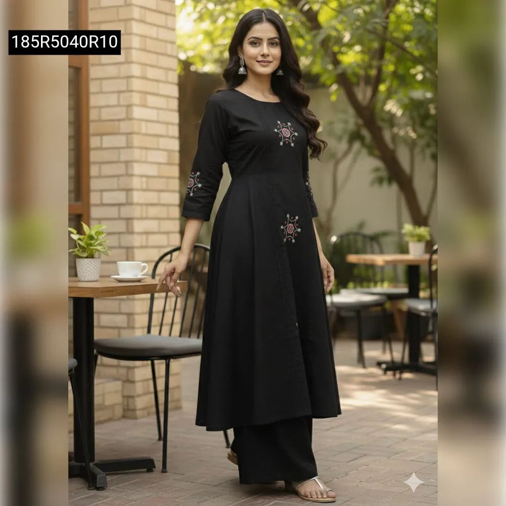 TRENDBUY Women's Black A-Line Handwork Kurti Plazo Co-Ord Set - Front View