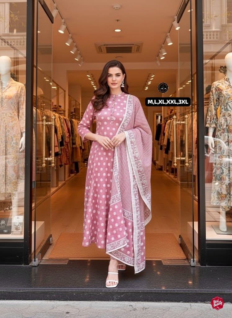 TRENDBUY A-Line Polka Dot Kurti Set in Dusty Rose for Women, front view
