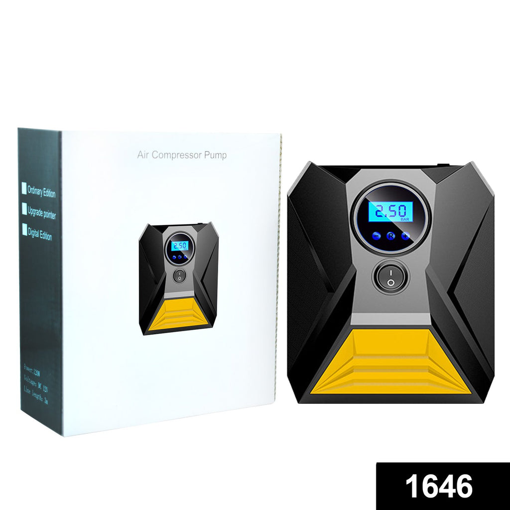 Digital portable car tyre inflator air compressor pump with LCD screen and air hose.