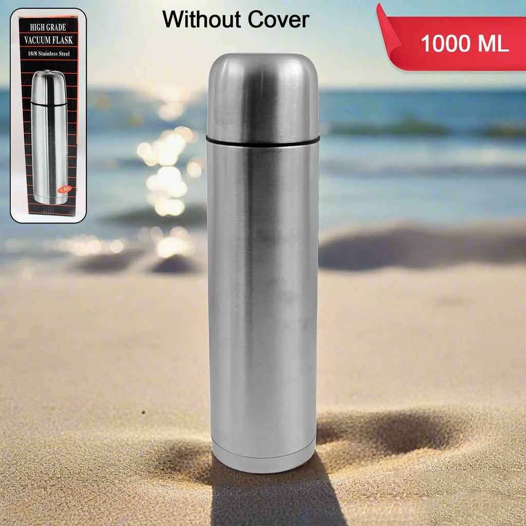 1000ml double-walled stainless steel vacuum flask with push-down lid for hot & cold beverages.