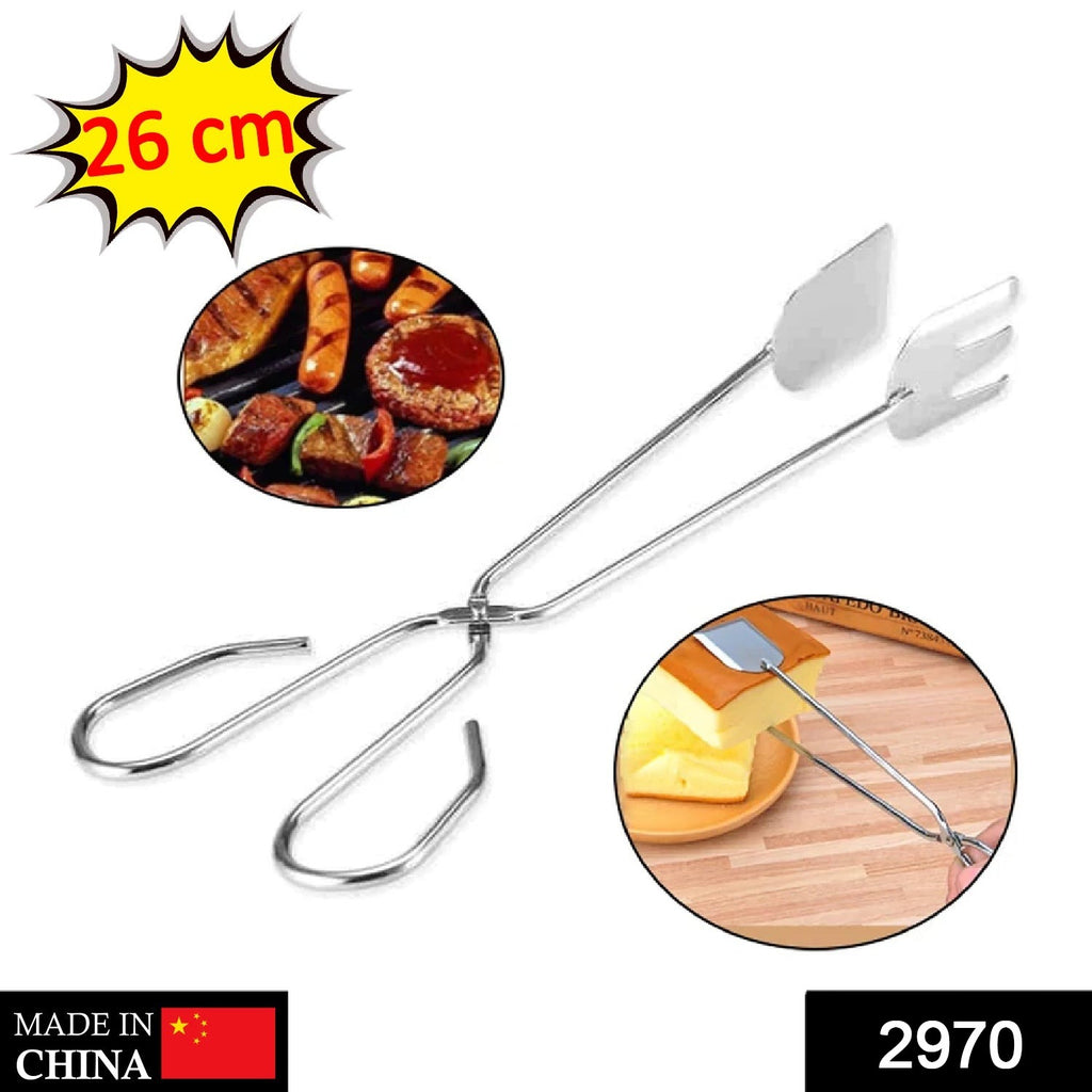 Stainless steel cooking tong with handle for salads, buffet, and barbecue.