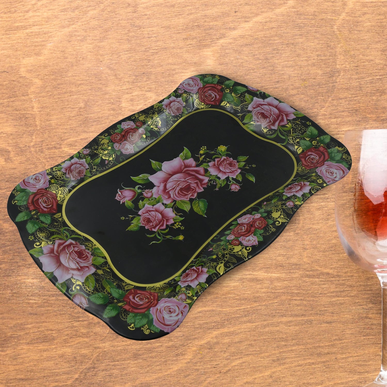 5537 Stainless Steel Serving Tray With Flower Printed Rectangle Premium Dining Table Plate (18 X 8.5 Inch 1 Pc)