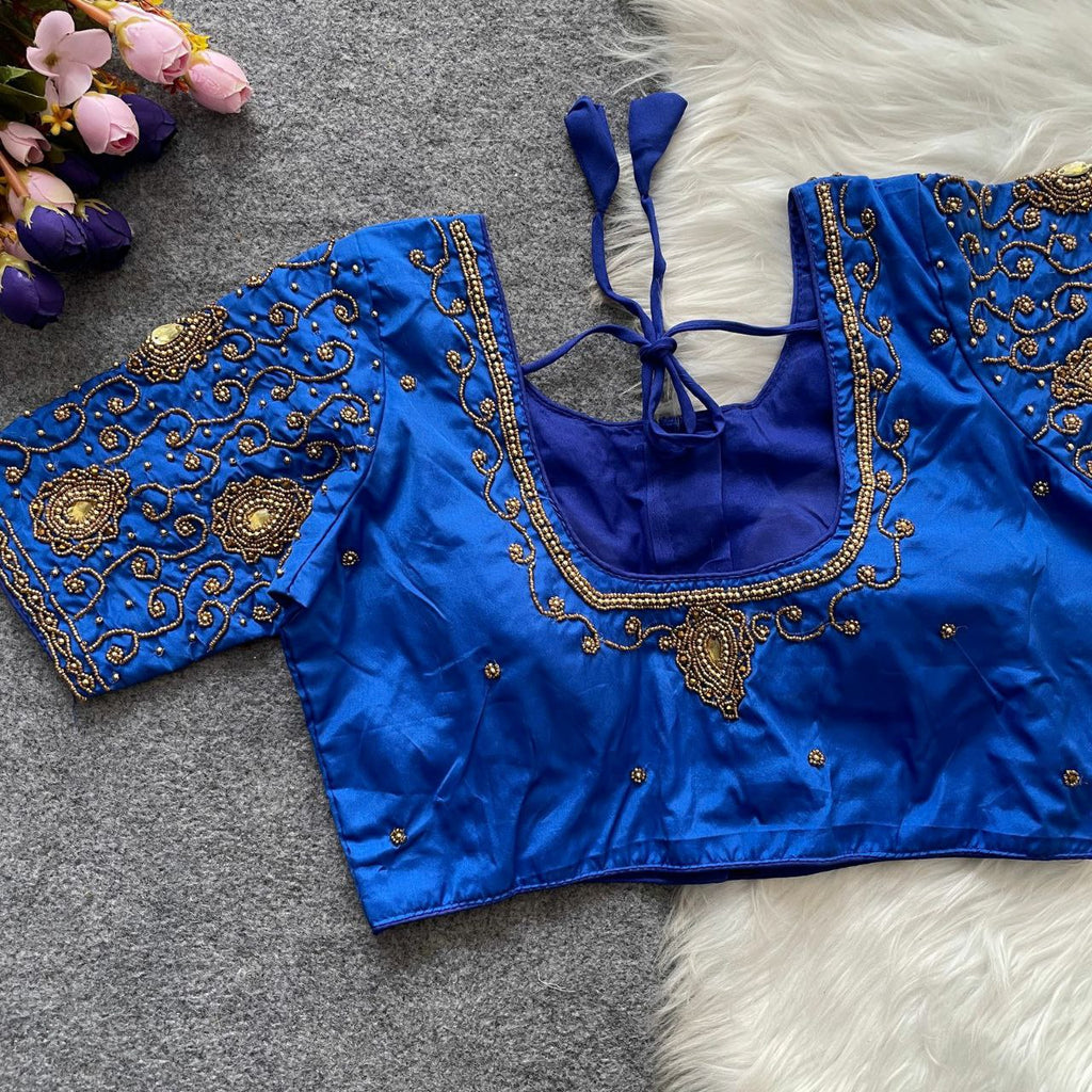 Royal Blue Aari Work Pattu Silk Blouse with golden embellishments