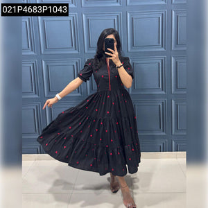 Handcrafted Black and Red 3-Layer Embroidered Viscose Cotton Festive Party Dress