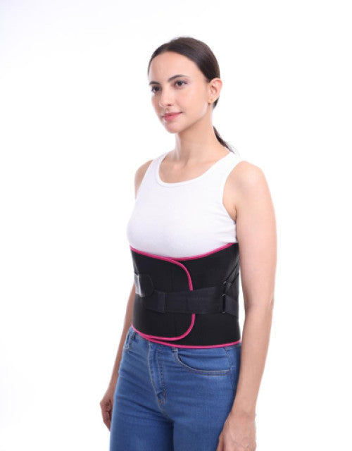 Black back support belt with adjustable straps for back pain relief.