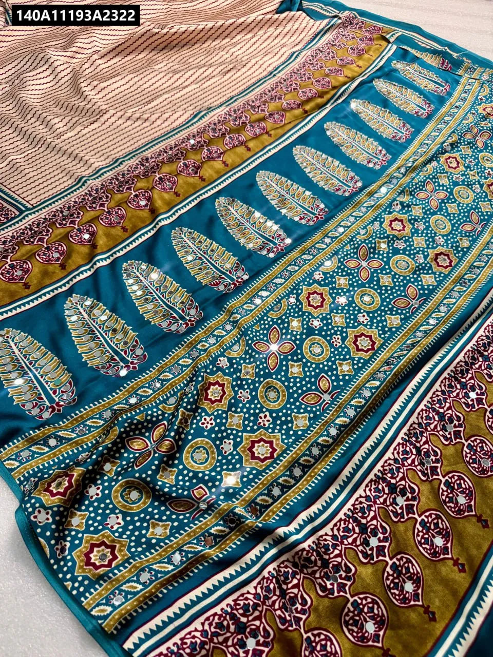 TRENDBUY Ajrakh Bandhej Semi Gajji Silk Saree in Teal Multi with Mirror Work and Beige Pallu