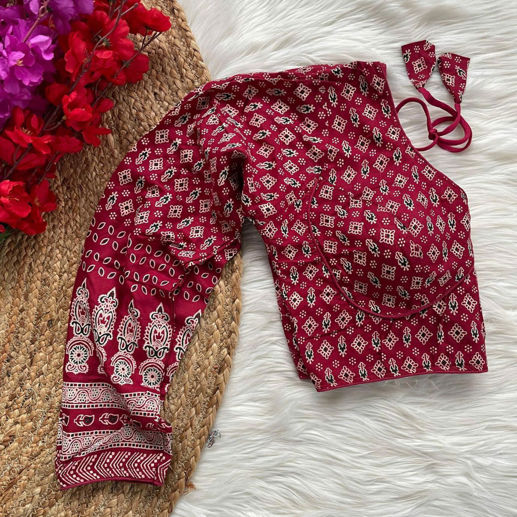 TRENDBUY Women's Ajrakh Cotton Blouse in Crimson Red with traditional block print, V-neck, and long sleeves.