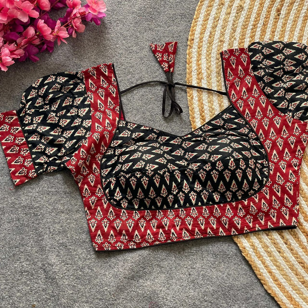 TRENDBUY Ajrakh Cotton Halter Neck Blouse in Red and Black Geometric Print