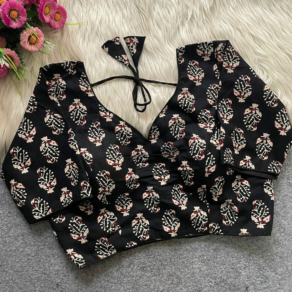 TRENDBUY Ajrakh Cotton V-Neck Padded Blouse in Black, front view