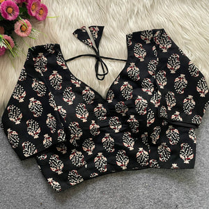 Ajrakh Cotton Printed Blouse for Women | V-Neck Padded