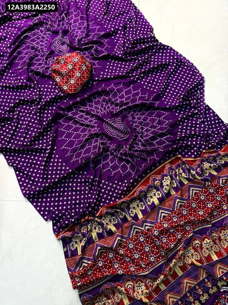 TRENDBUY Ajrakh Crepe Gajji Silk Saree in Purple with traditional prints, flat lay.
