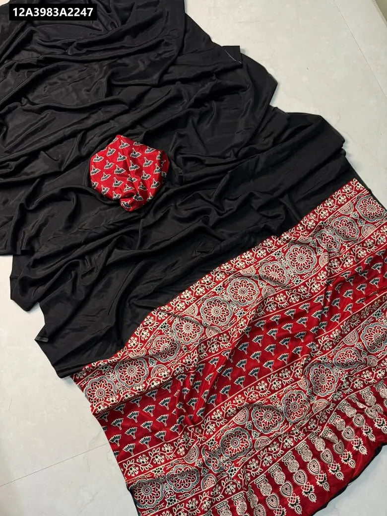 AJRAKH Crepe Gajji Silk Saree in Black with Red Border and Blouse Piece