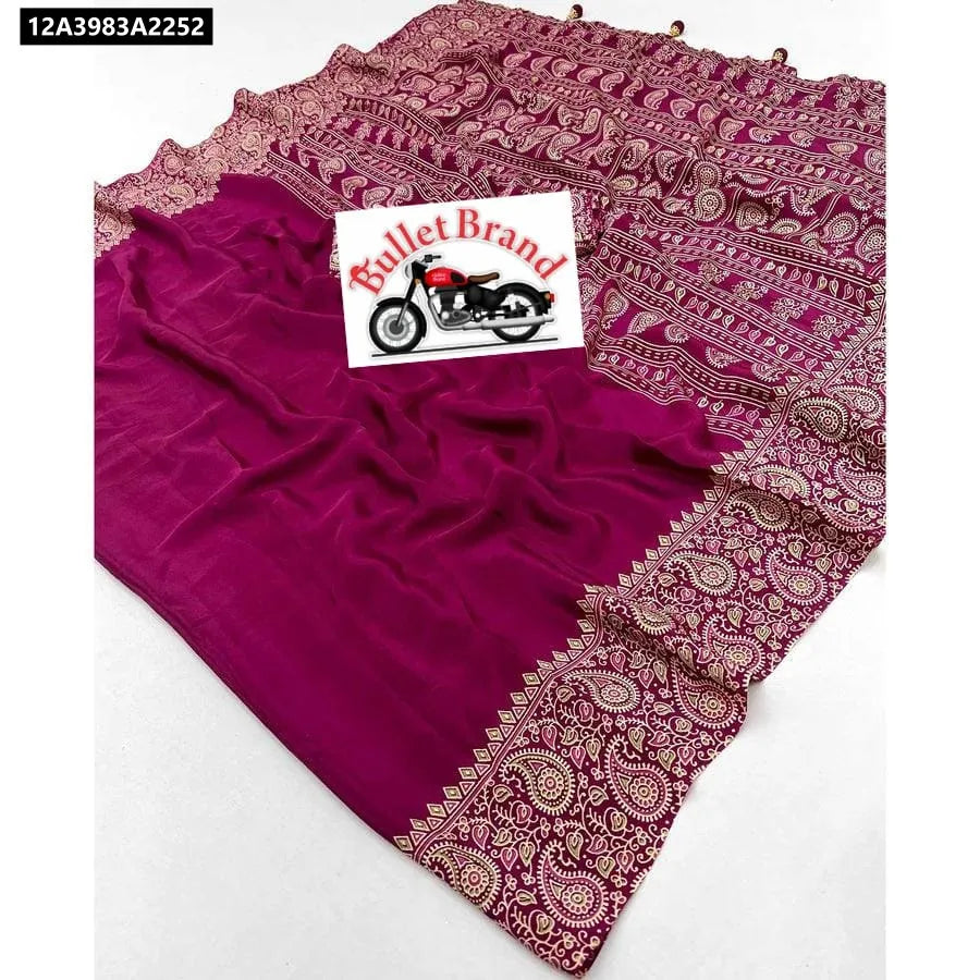 TRENDBUY Magenta Wine Ajrakh Crepe Silk Saree with traditional print and matching border.