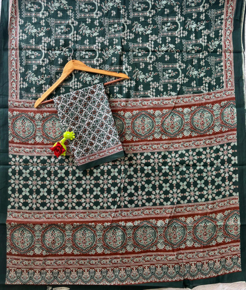 TRENDBUY Ajrakh Mul Saree in Deep Green with intricate block prints and contrasting borders