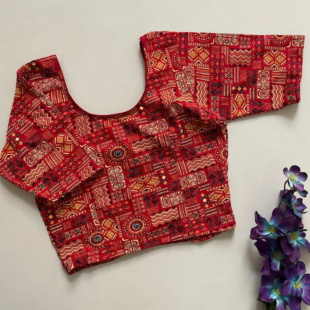Red multi-pattern Ajrakh print cotton blouse