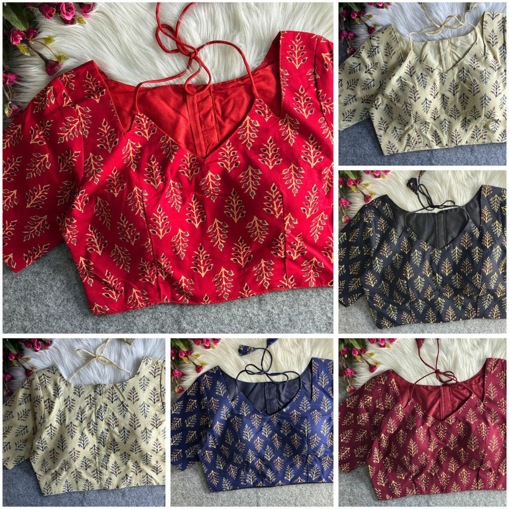 TRENDBUY Ajrakh Print Cotton Blouse collage in Red, Cream, Navy Blue, Mustard Yellow, and Maroon shades