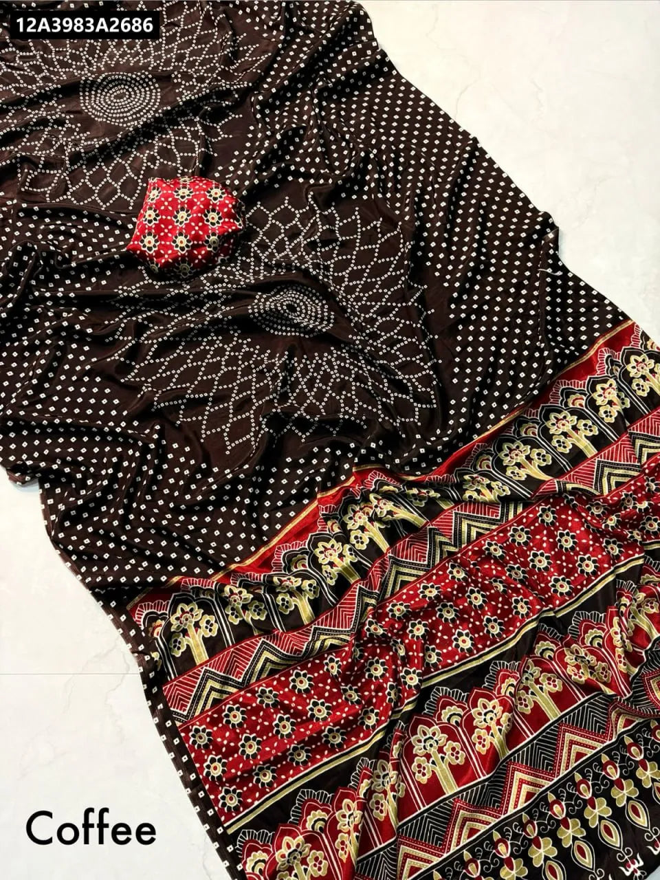 Coffee Ajrakh Print Gajji Silk Saree with Traditional Border and Blouse Piece