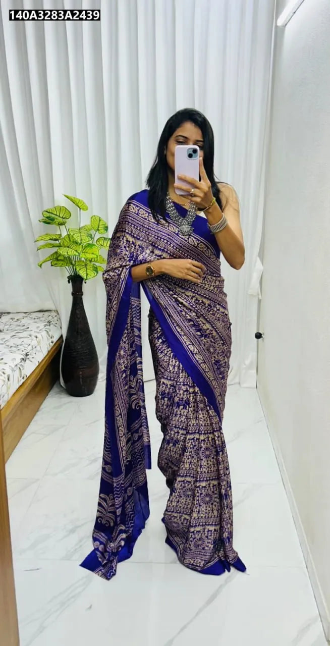 Model draped in Blue Ajrakh Bandhej Print Semi Gajji Silk Saree from TRENDBUY