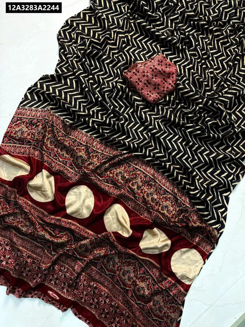 TRENDBUY Black Ajrakh Pure Crepe Silk Saree with patterned blouse piece